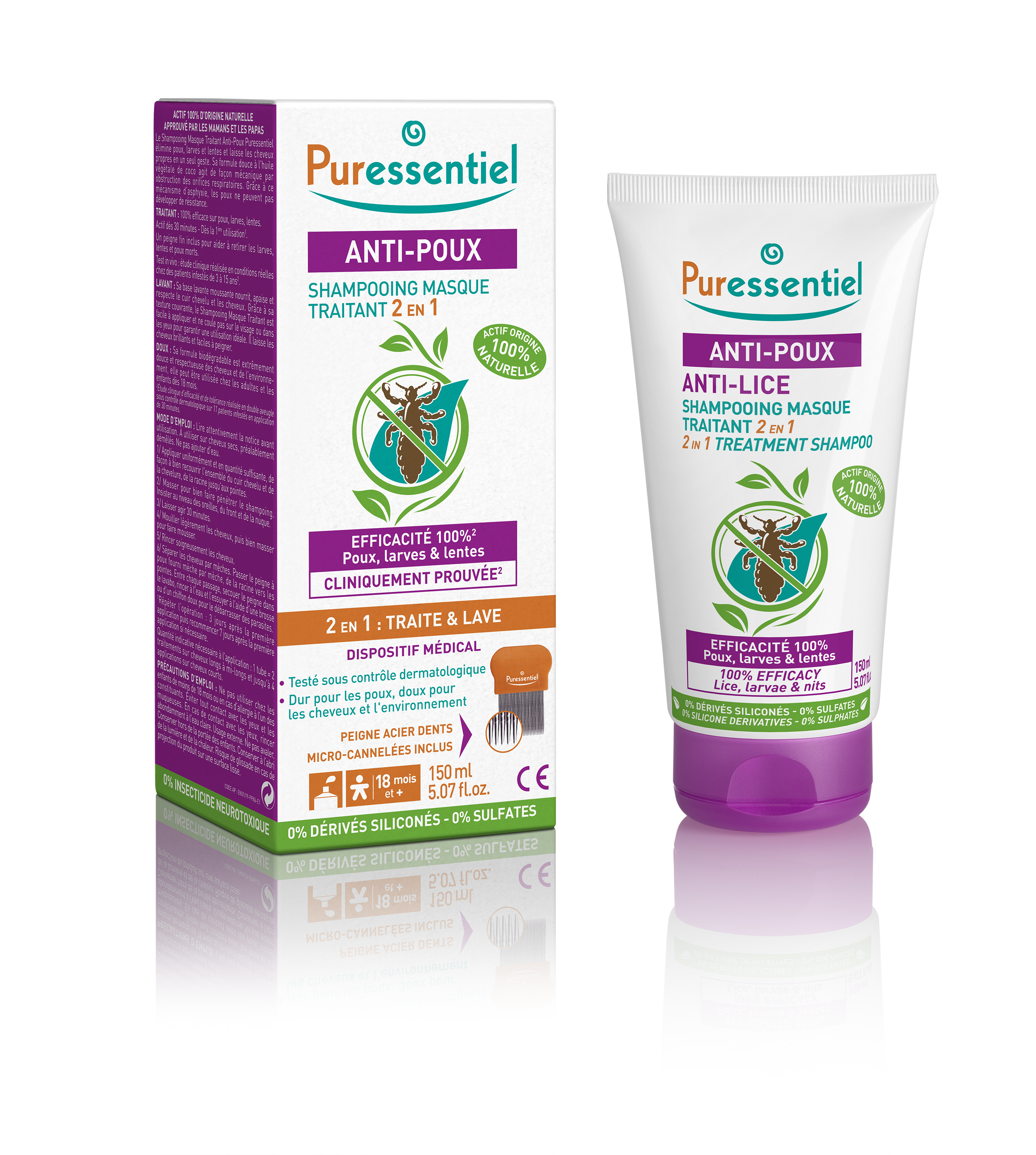 Shampooing masque traitant 2 en 1 avec peigne - 150ml