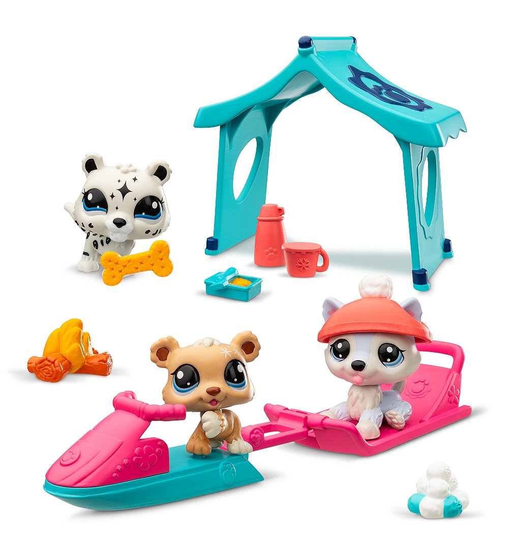 Bandai - Littlest Pet Shop - Pack Set Jour de Neige 3 animaux et accessoires - Littlest Pet Shop Husky Ourson Léopard - Coffret jouet Mini figurines