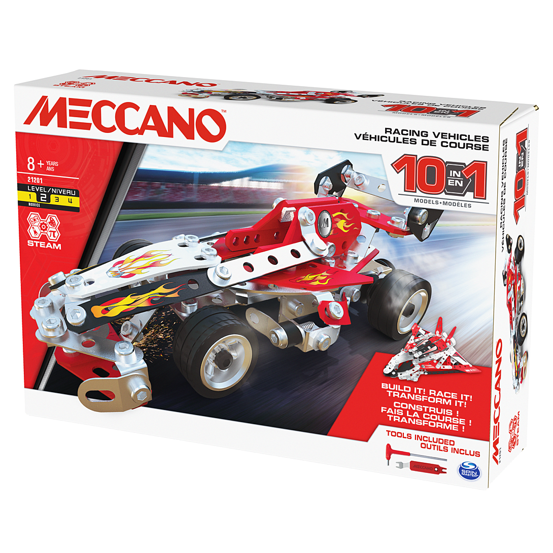 Bandai - Meccano Véhicules de course 10 en 1 - Coffret de Construction 10 Modèles - 225 pièces, outils, notice - Kit Activité assemblage voiture avio