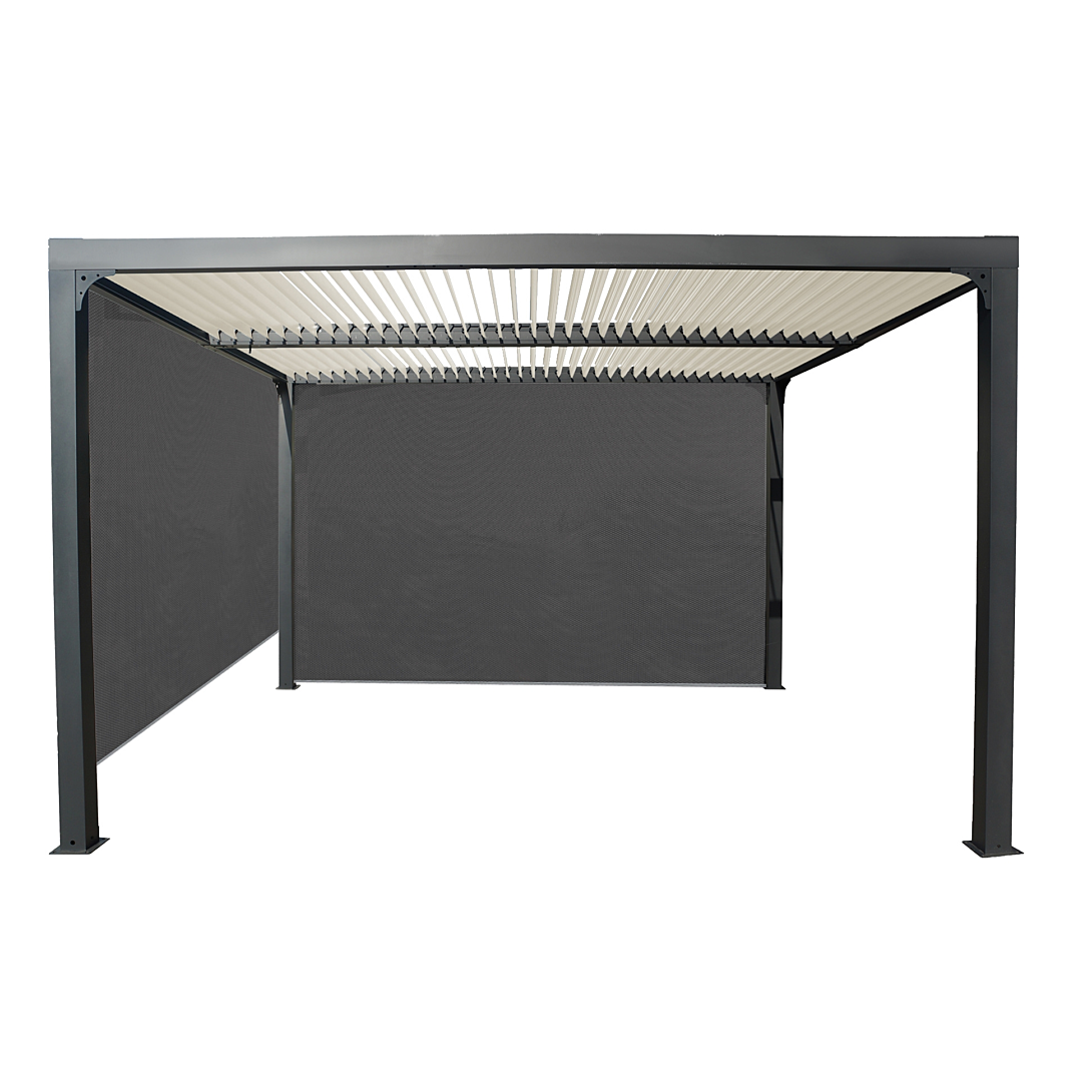 Pergola bioclimatique autoportante Habrita aluminium 3 6 x 3 + 2 rideaux manuels 3 6
