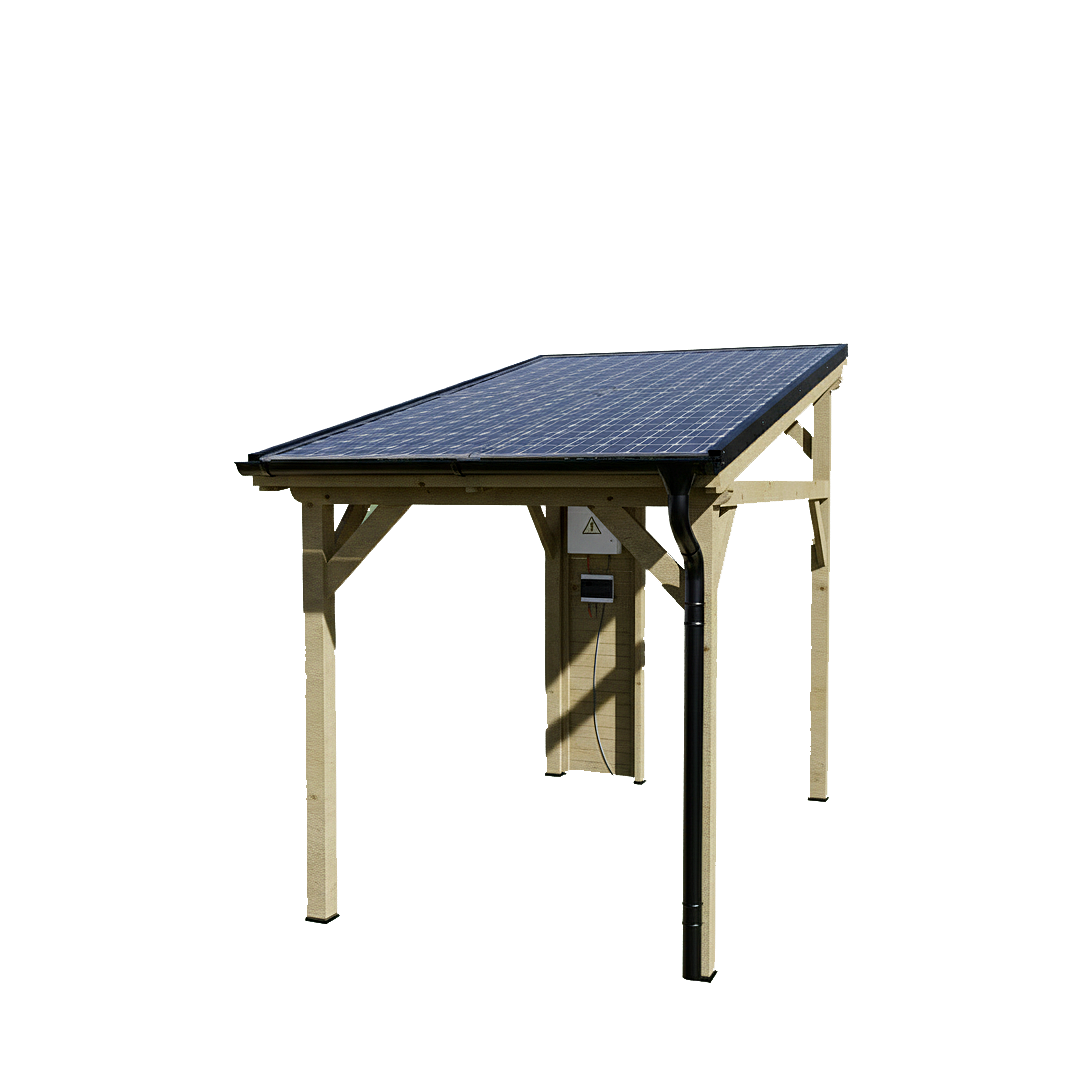 Carport Wattoit mono pente épicéa massif non traité / 4 panneaux photovoltaïques 2 kwc / poteaux section 120 x 120 mm / Surface 8 89 m2