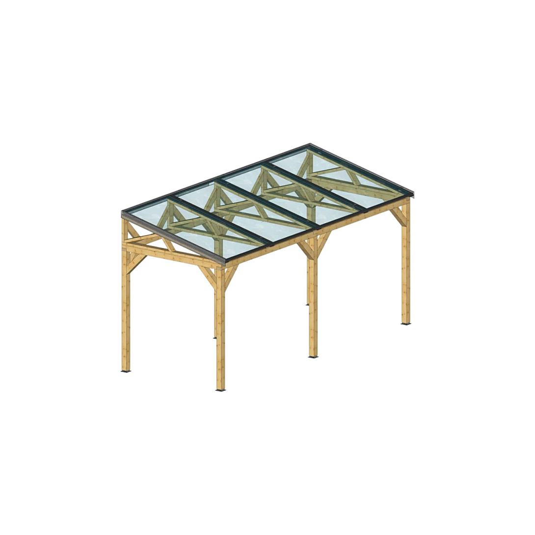 Carport Wattoit mono pente épicéa thermo chauffé / 4 panneaux photovoltaïques 2 kwc / poteaux section 88 x 88 mm / Surface 8 84 m2