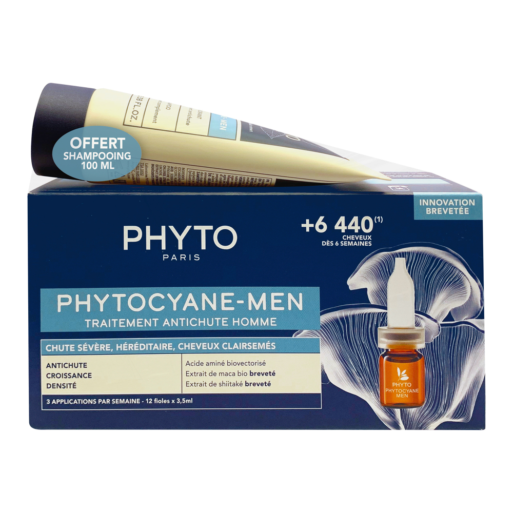 Phytocyane Men Traitement Antichute Homme 12 Fioles X 3,5ml + Shampooing Revigorant 100ml