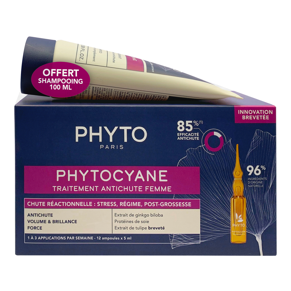 Phytocyane Progressive Traitement Antichute Femme 12 Ampoules x 5ml + Shampooing Revigorant 100ml