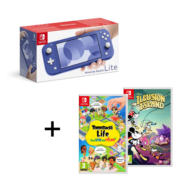 Pack Console Nintendo Switch Lite - Bleu (SWITCH) + Tomodachi Life + Disney Illusion Island