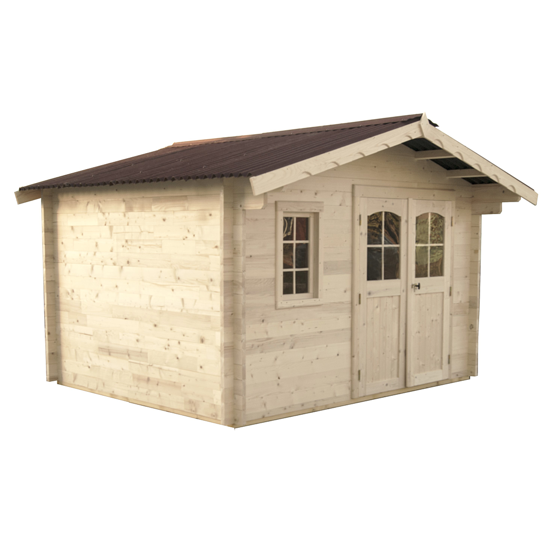 Abri Madriers bois massif / 42 mm / surface extérieur 12 66 m2 / Toit double pente / couverture plaques ondulées bitumées