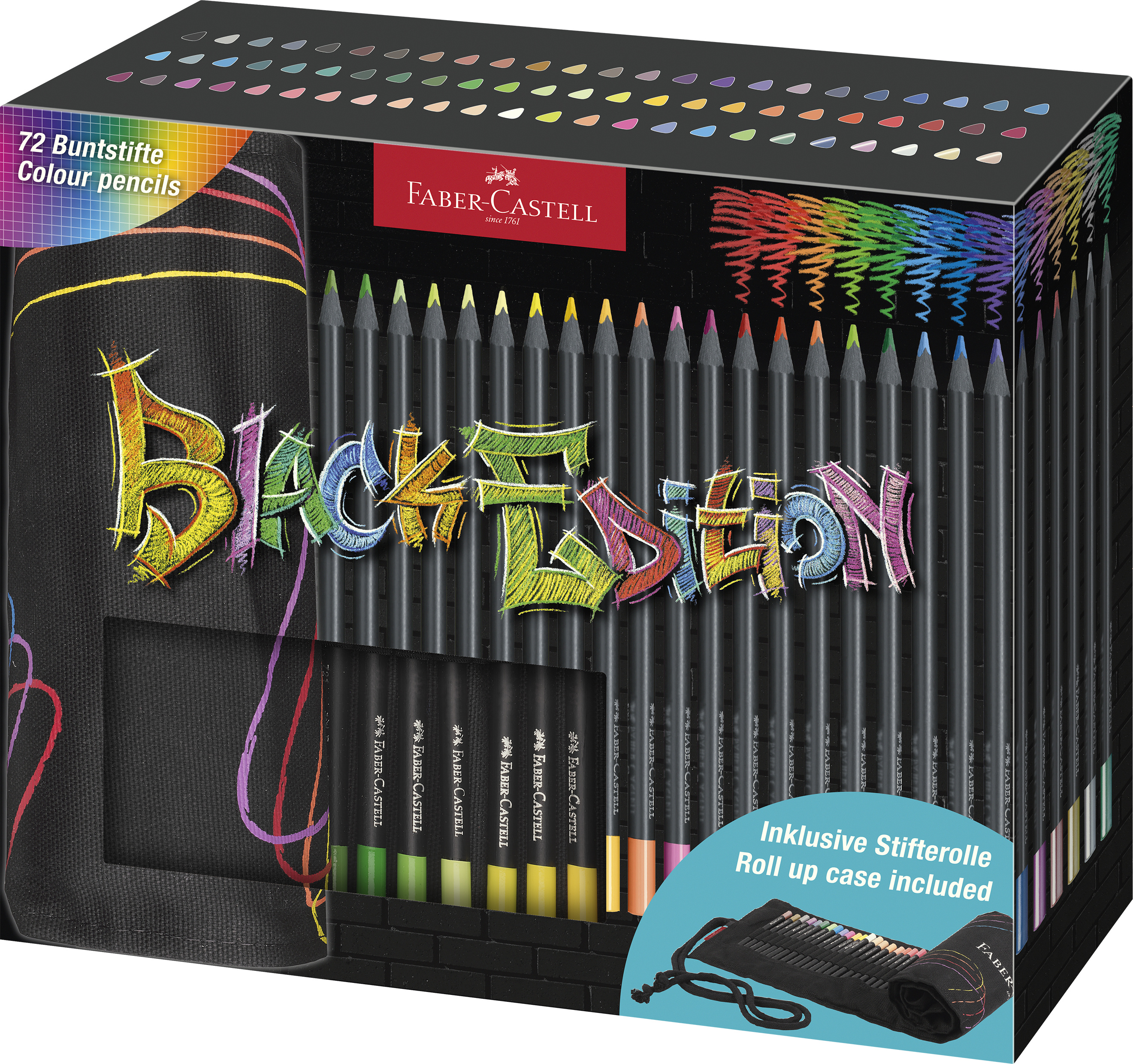 Faber Trousse rouleau crayons couleur Black Edition - 72 crayons de couleur Castell