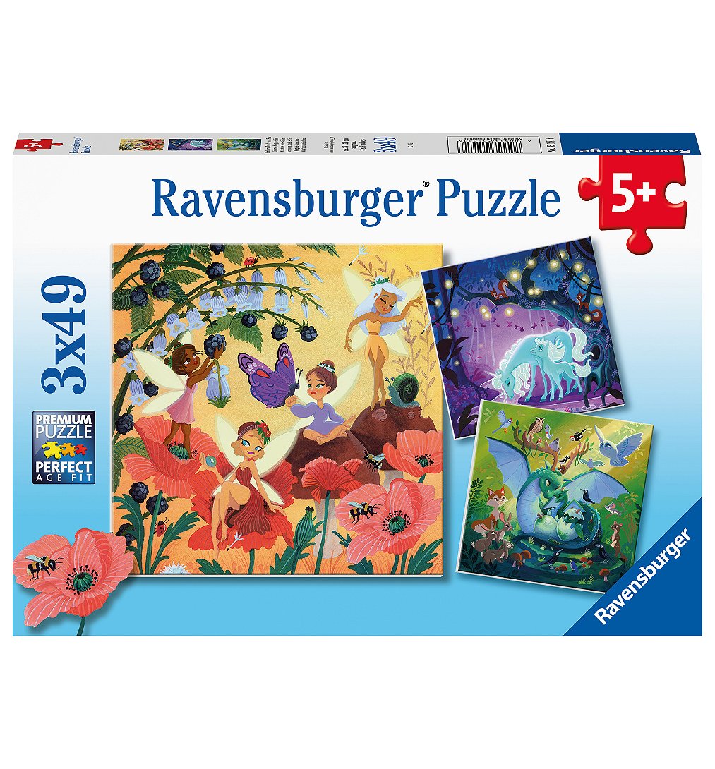 Puzzles 3x49 p - Licorne, dragon et fée
