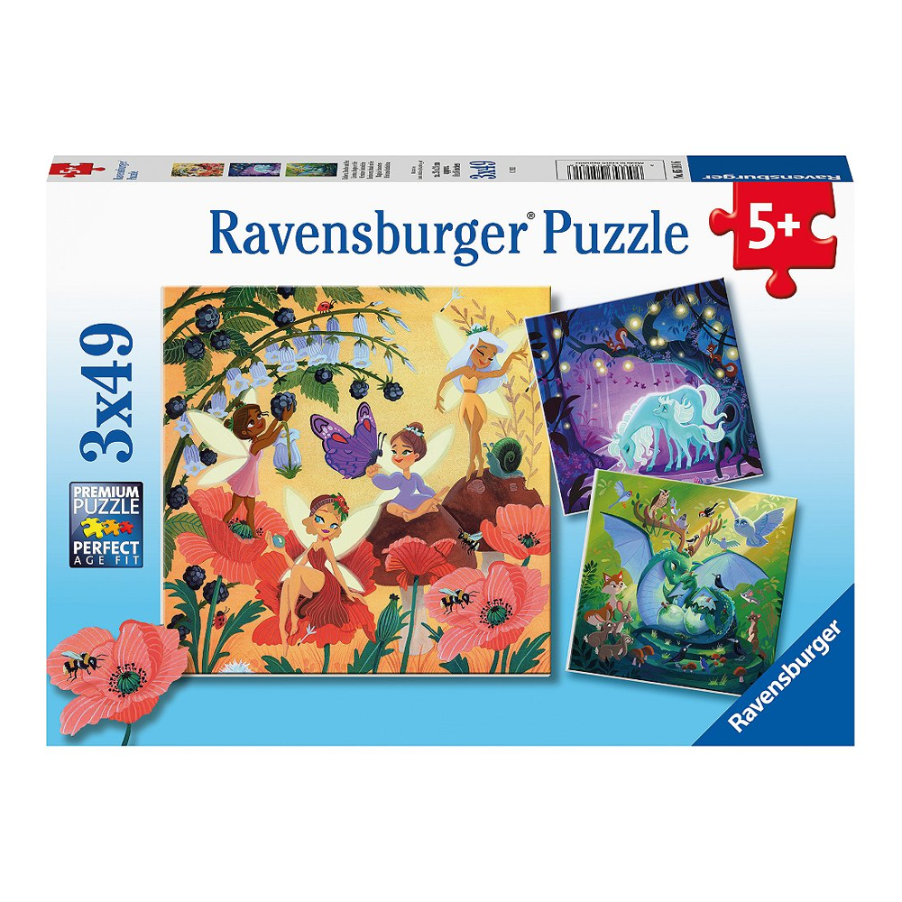 Puzzles 3x49 p - Licorne, dragon et fée