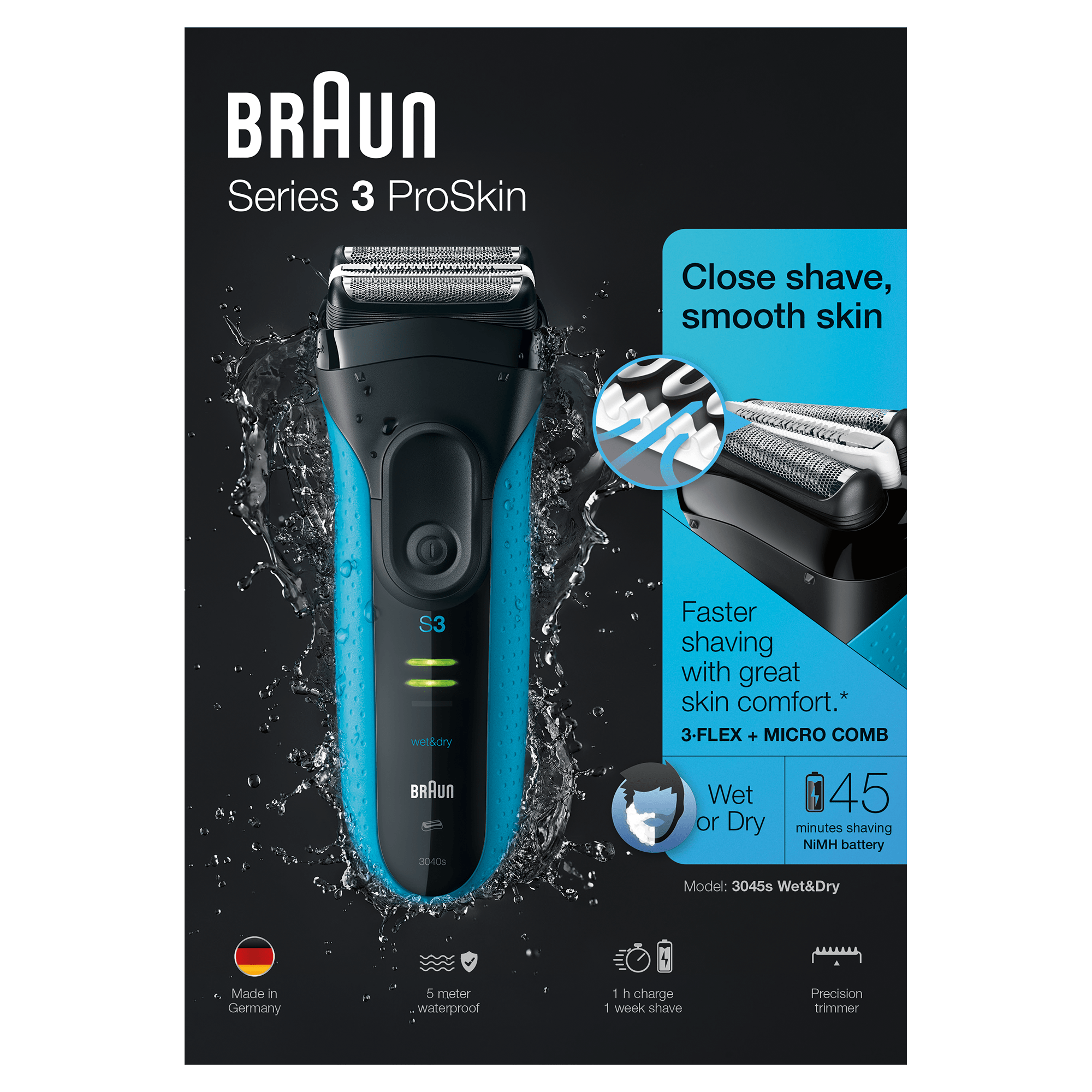 Braun Series 3 ProSkin 3045s Rasoir Électrique Homme Barbe, Noir/Bleu - Rasoir Électrique Rechargeab