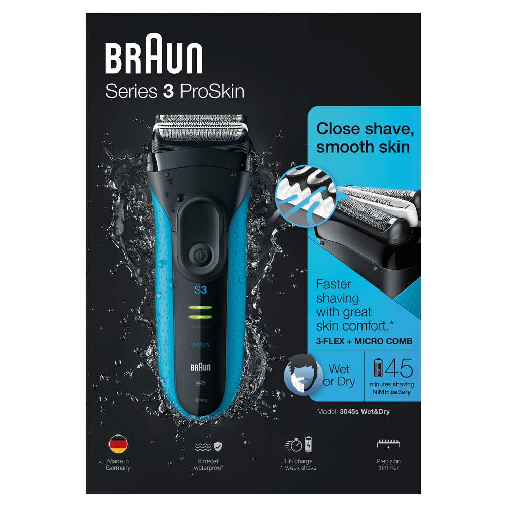 Braun Series 3 ProSkin 3045s Rasoir Électrique Homme Barbe, Noir/Bleu - Rasoir Électrique Rechargeab