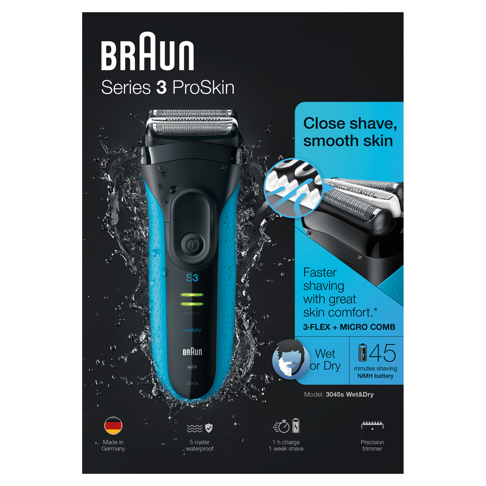 Braun Series 3 ProSkin 3045s Rasoir Électrique Homme Barbe, Noir/Bleu - Rasoir Électrique Rechargeab