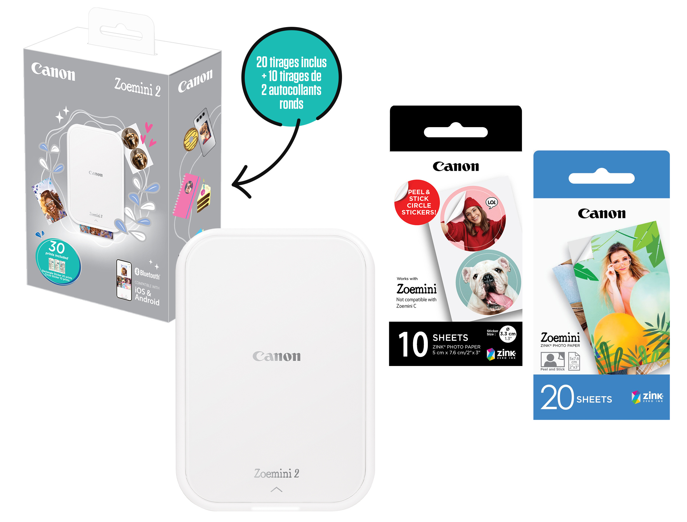 Canon Zoemini 2 imprimante photo Sans encre 313 x 500 DPI 2 x 3 (5x7.6 cm)