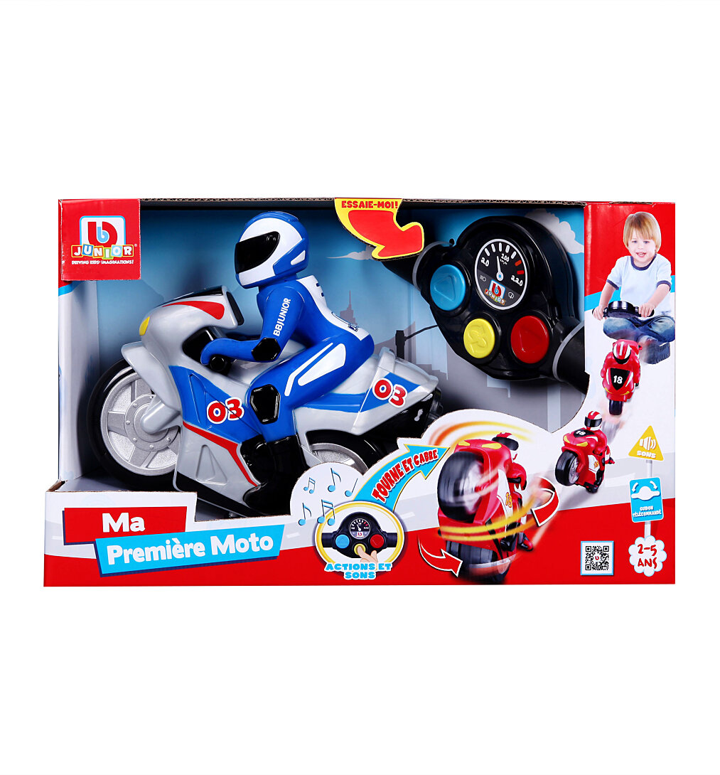 BB JUNIOR - MOTO FIRST RC - Moto avec pilote et télécommande guidon - Course bleue