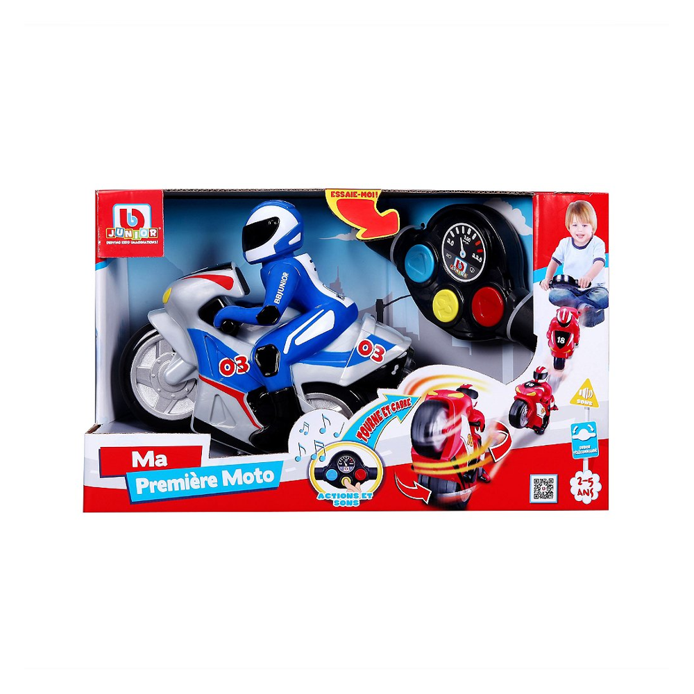 BB JUNIOR - MOTO FIRST RC - Moto avec pilote et télécommande guidon - Course bleue
