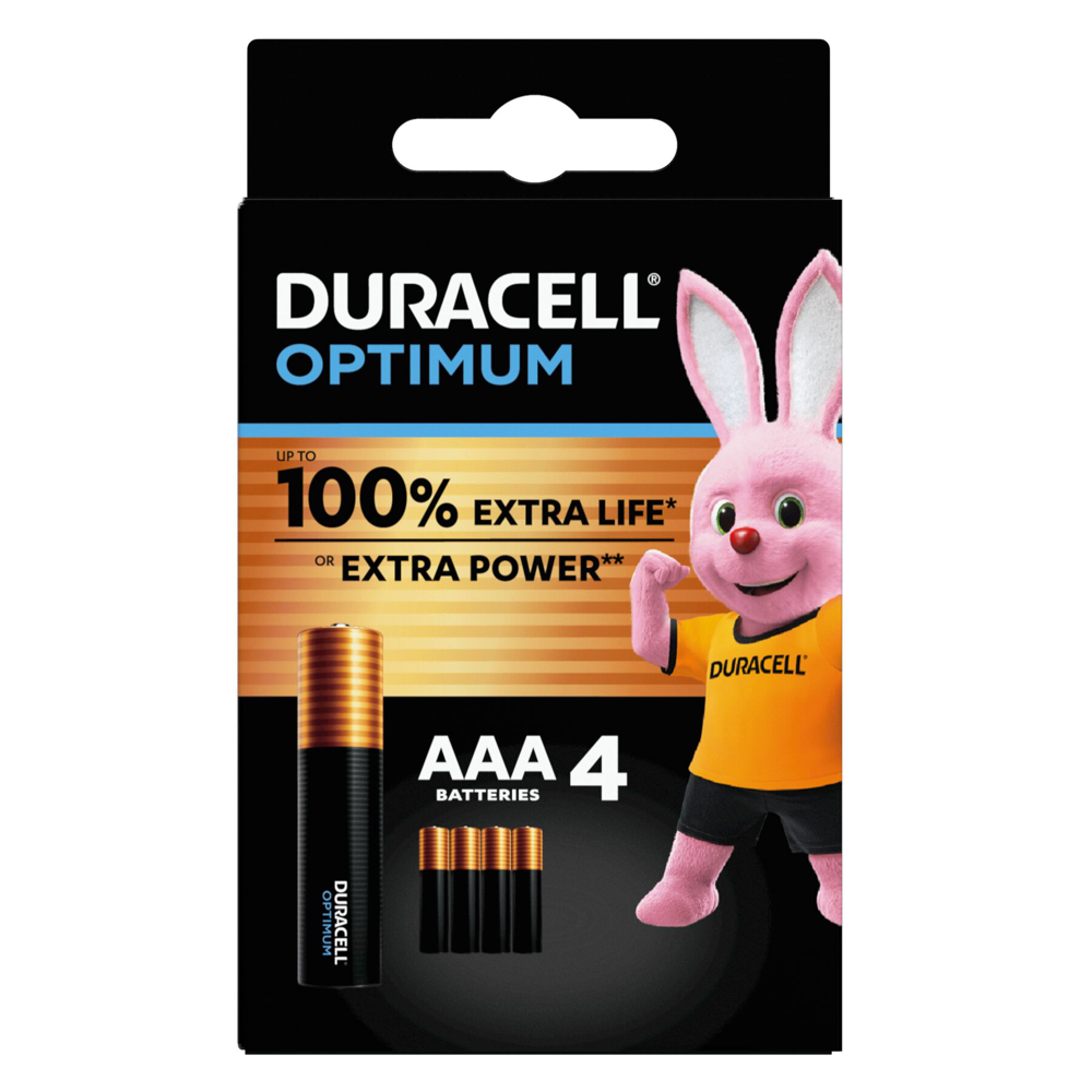 Piles alcalines Duracell Optimum AAA, 1,5 V LR03 MN2400, lot de 4 piles