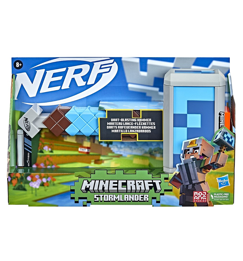 Nerf Minecraft, marteau lance-fléchettes Stormlander, tire 3 fléchettes, inclut 3 fléchettes Nerf El