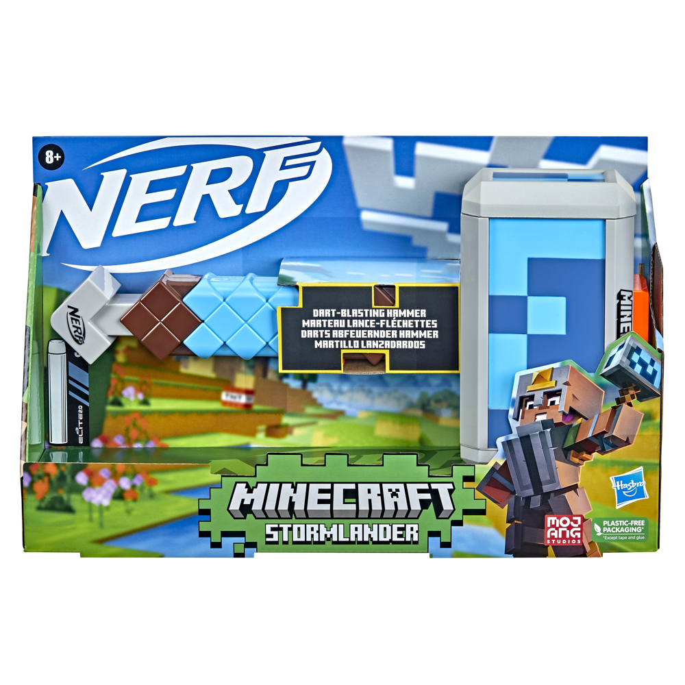 Nerf Minecraft, marteau lance-fléchettes Stormlander, tire 3 fléchettes, inclut 3 fléchettes Nerf El