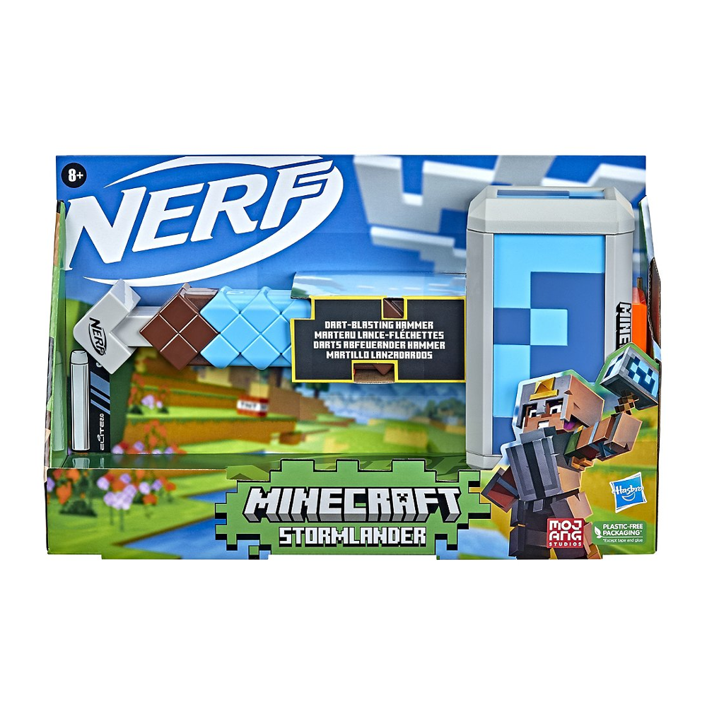 Nerf Minecraft, marteau lance-fléchettes Stormlander, tire 3 fléchettes, inclut 3 fléchettes Nerf El