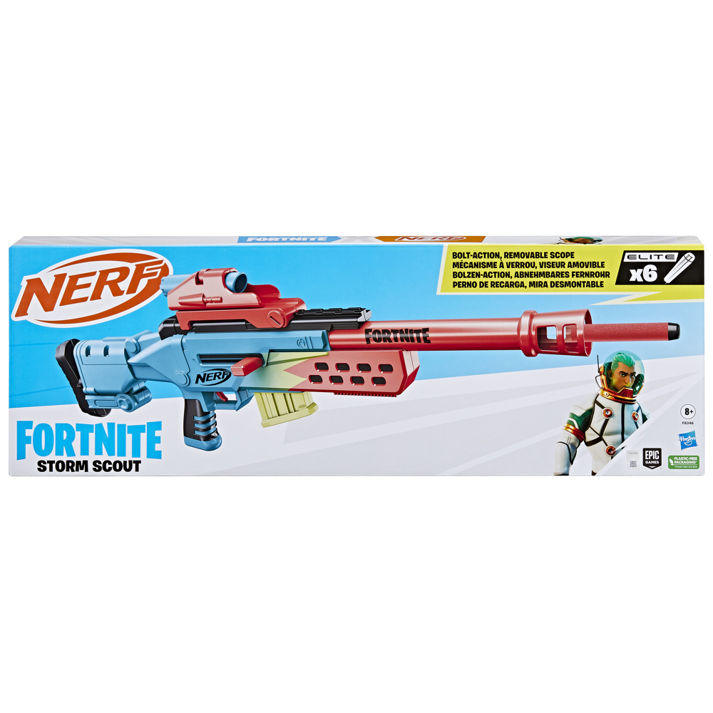 Nerf Fortnite Storm Scout, blaster avec viseur Nerf, chargeur à 6 fléchettes, 6 fléchettes Nerf Elit