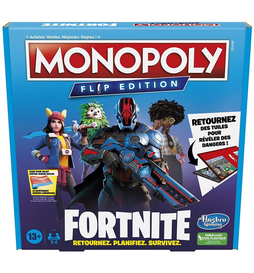 Monopoly Flip édition : Fortnite, jeu de plateau Monopoly inspiré du jeu vidéo Fortnite, jeux de pla