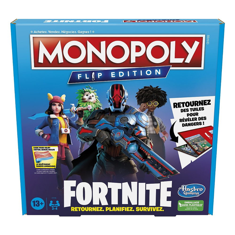 Monopoly Flip édition : Fortnite, jeu de plateau Monopoly inspiré du jeu vidéo Fortnite, jeux de pla