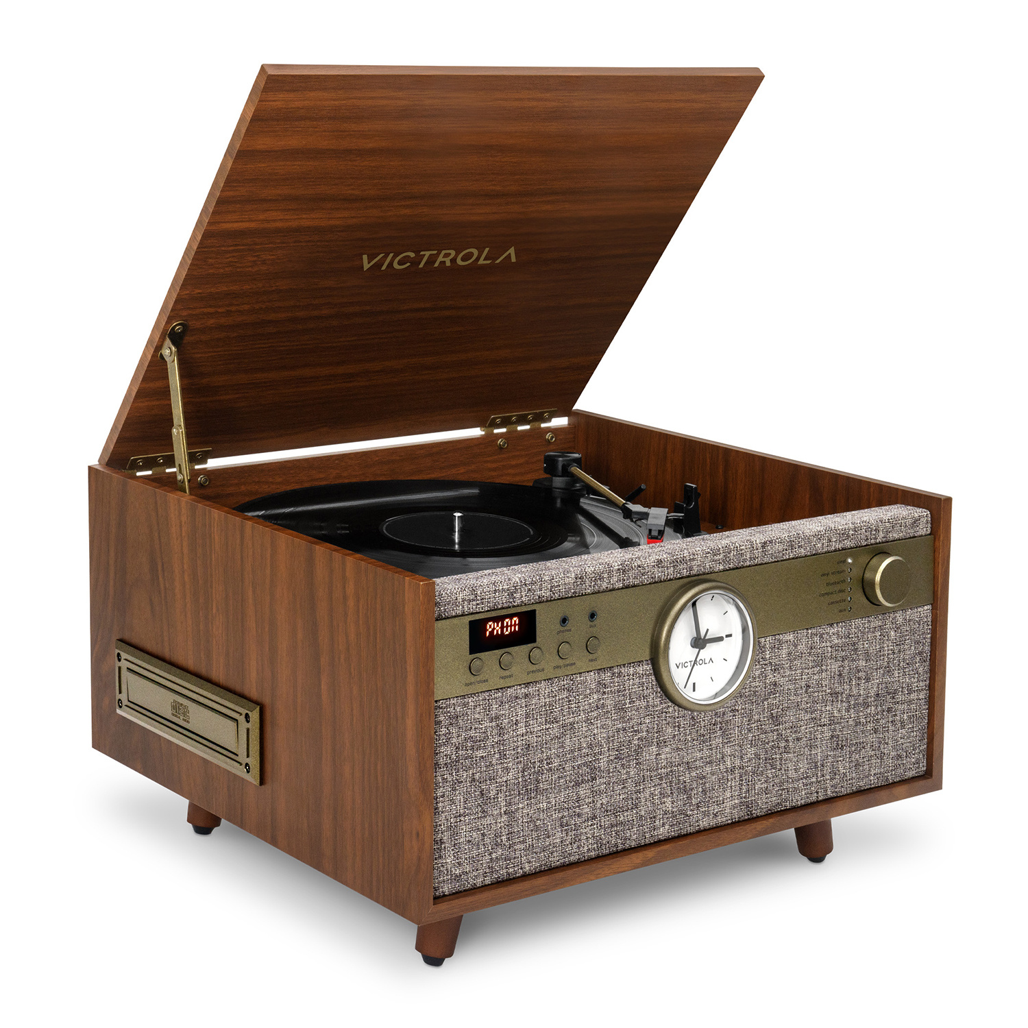 vinyle VICTROLA MUSIC CENTER 5EN1 CENTURY AVEC HORLOGE NOYER