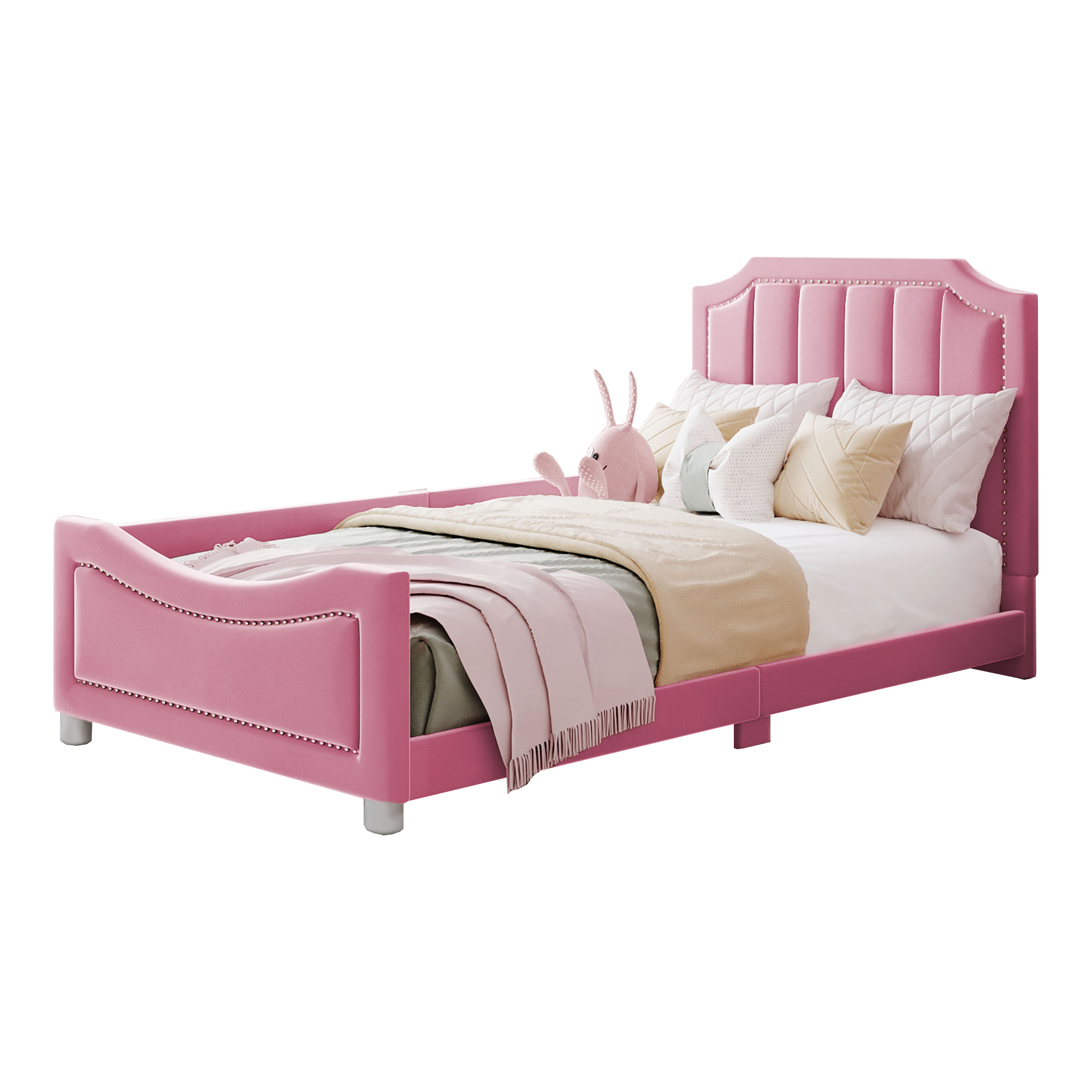 Lit Enfant fille 90x200cm - Cadre double couronne rose cuir PU avec LED