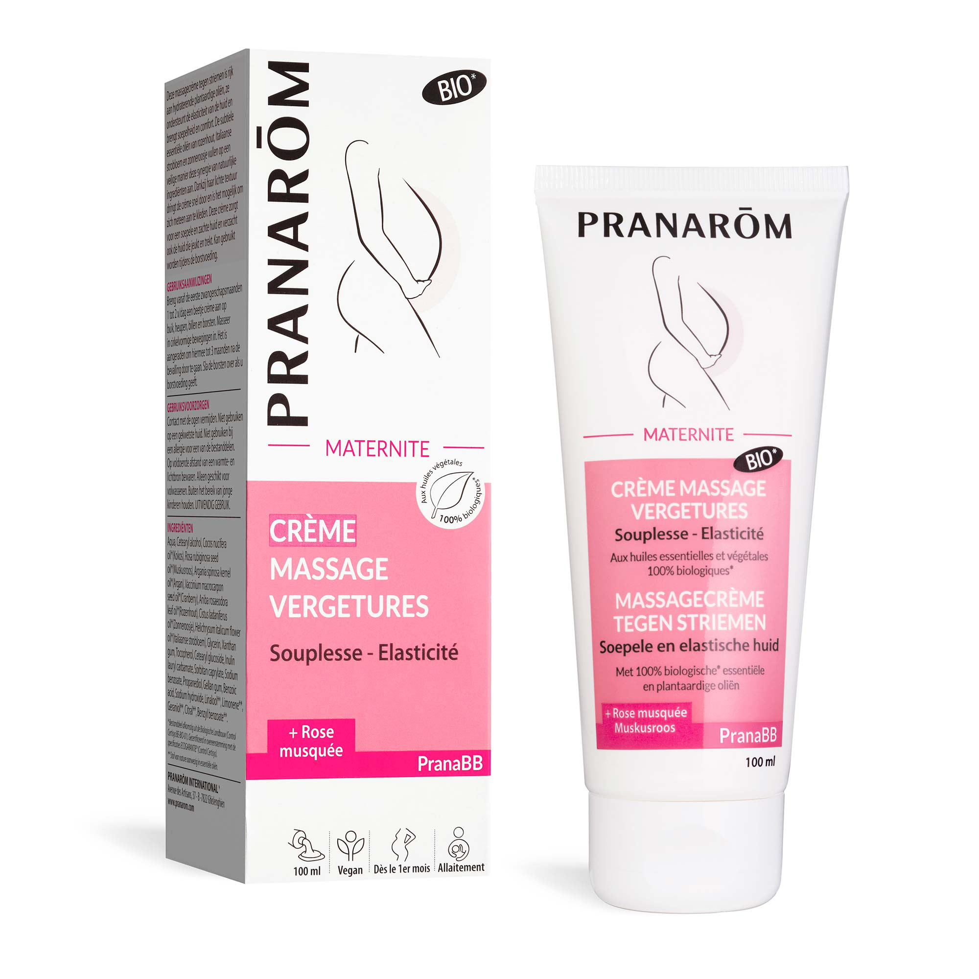 PRANARÔM - PranaBB - Crème Massage Vergetures - Souplesse & Elasticité - Aux Huiles Essentielles et Huiles Végétales Bio - Pénétration Rapide - Dès L