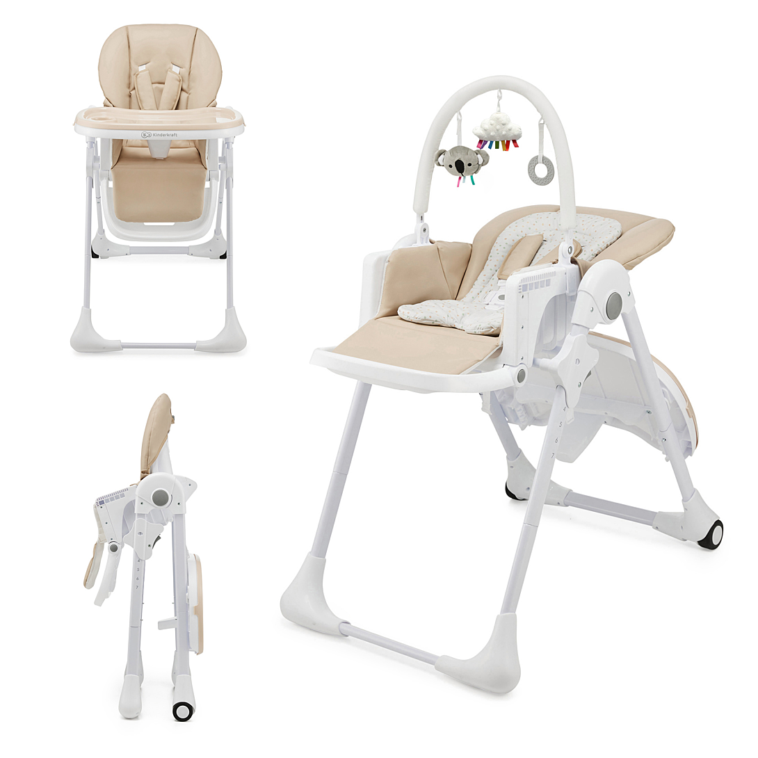 Kinderkraft TUMMIE Chaise Haute 2 en 1 pour Bébé Ergonomique Confortable Inclinable Pliable avec Hauteur Réglable Repose Pieds Plateau Amovible pour Tout Petit avec jouets