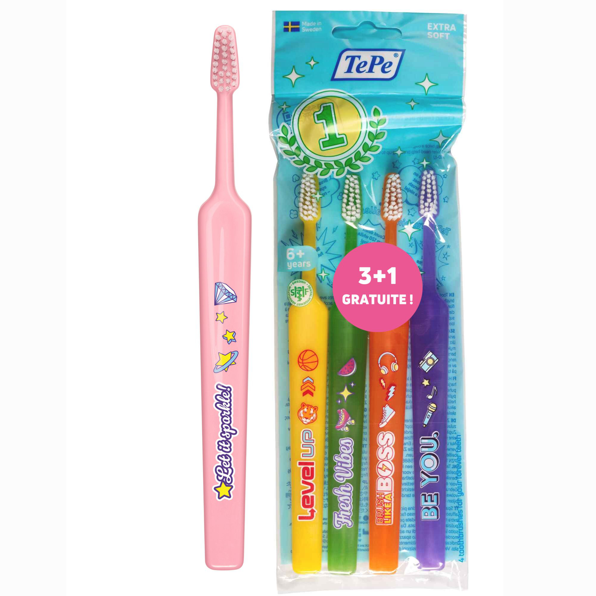 TePe Brosses à dents Kids extra souple 4 pcs 3 + 1 gratuite