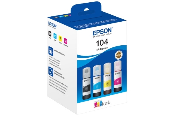 Pack de 4 cartouches d'encre écotank multipack bouteille série 104 epson noir / cyan / magenta / jaune