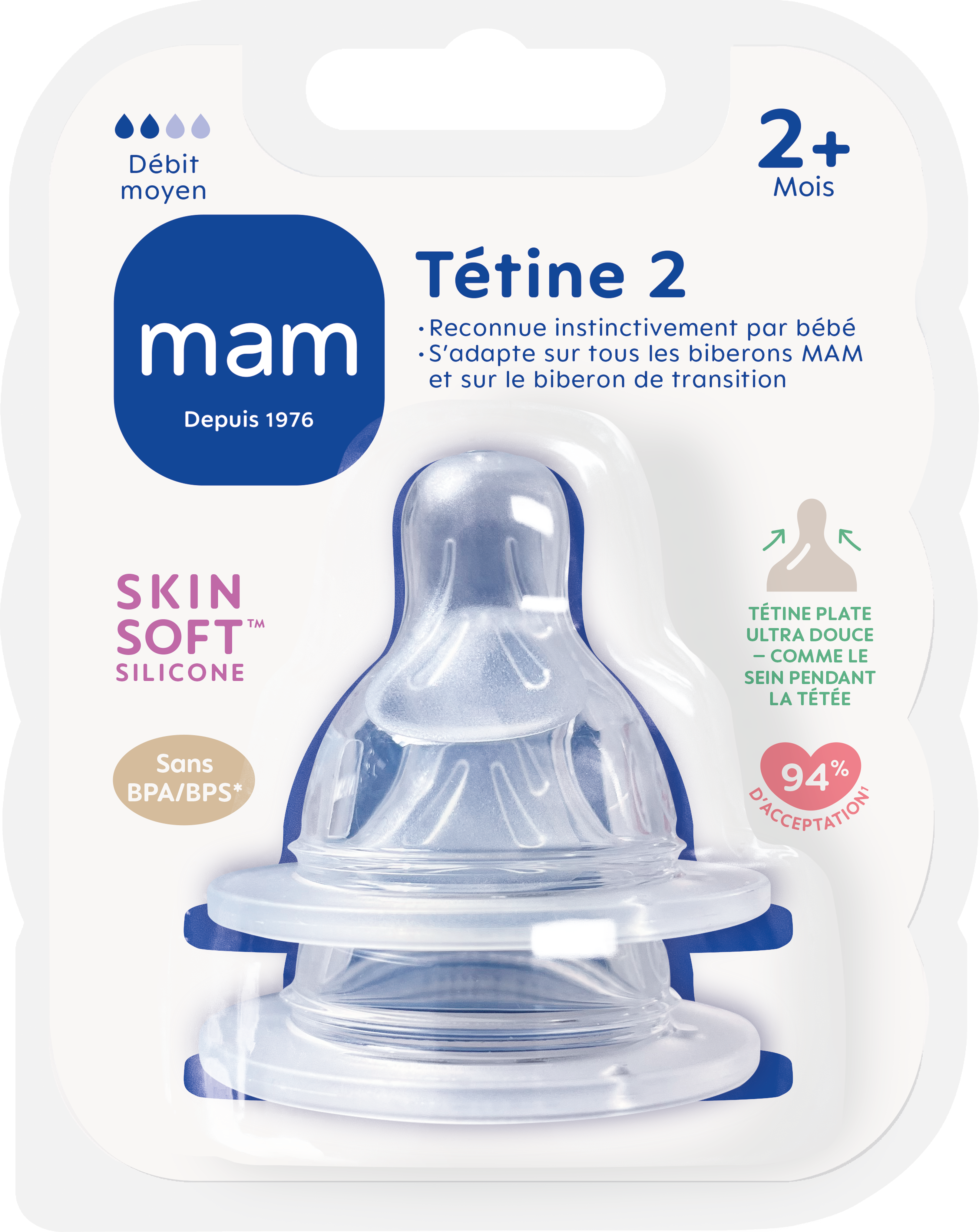 MAM Tétine anatomique - Débit 2 - Moyen - Silicone X2