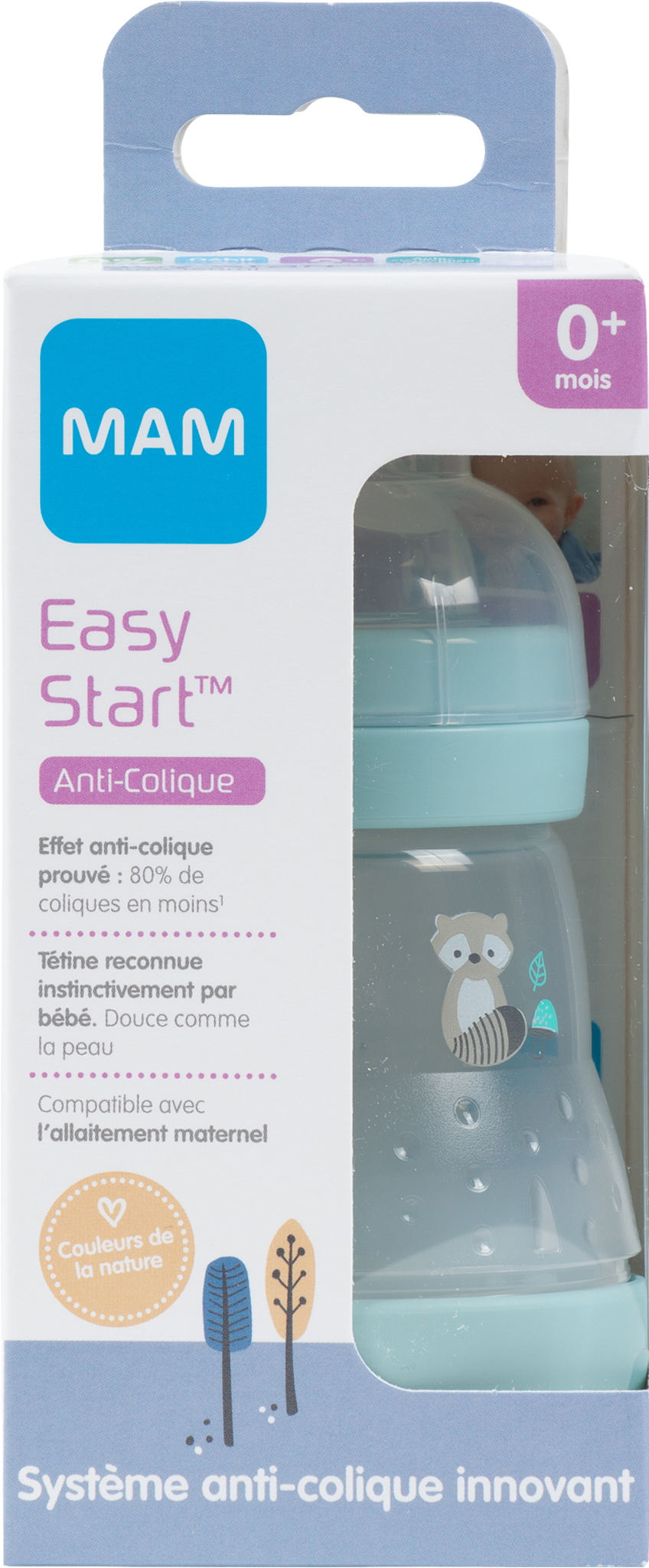 Mam Biberon Easy Start/Anti-Colique Nature - 160ml - Aqua - Tétine Débit 1