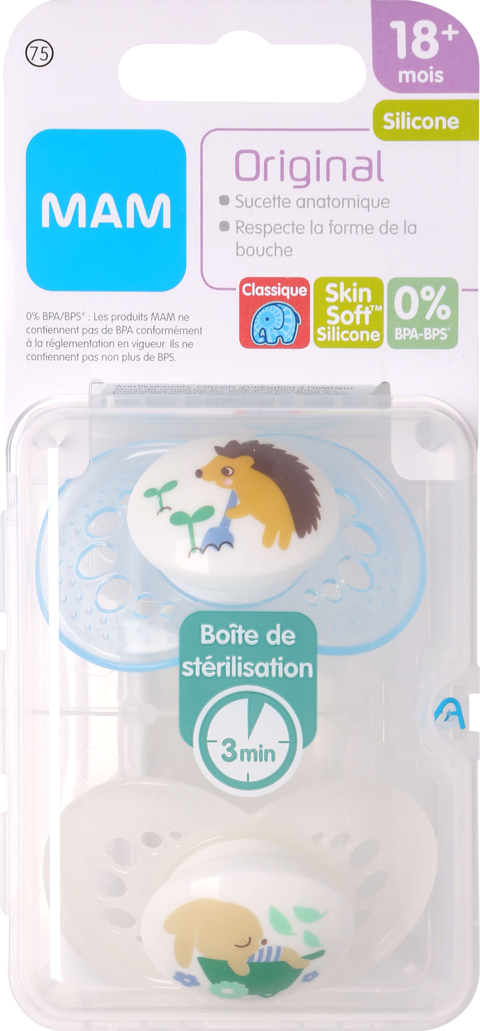 Mam Sucette Original Classique - 18+ Mois - Silicone - Boîte Stérilisation x2 - Coloris Aléatoire