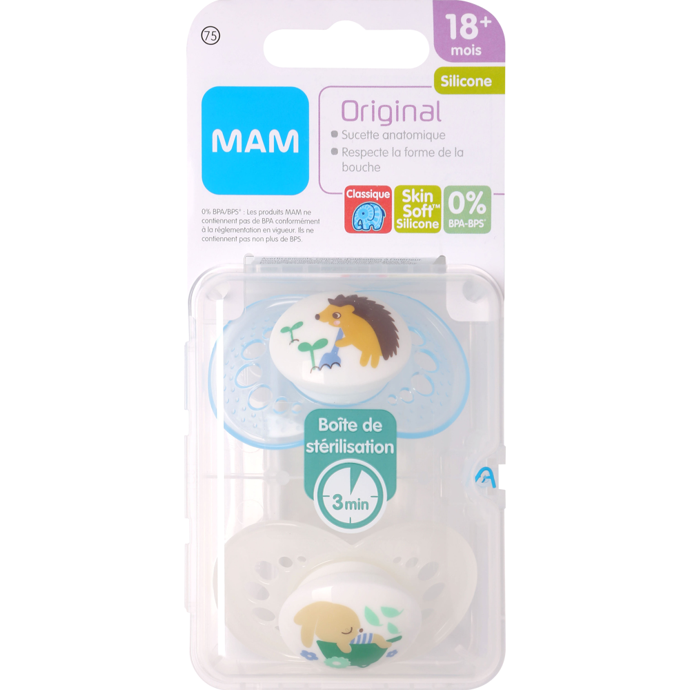 Mam Sucette Original Classique - 18+ Mois - Silicone - Boîte Stérilisation x2 - Coloris Aléatoire