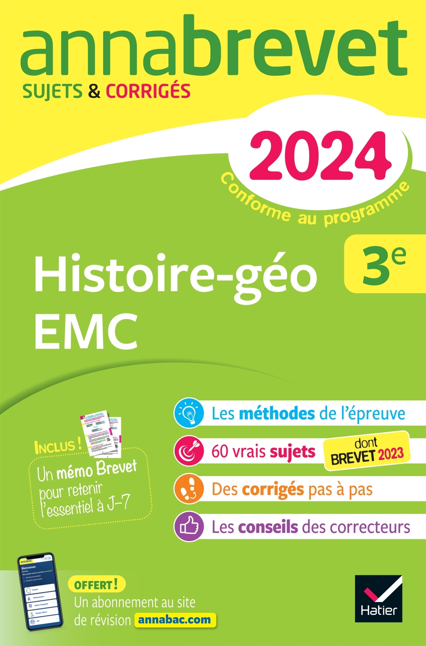 Annales du brevet Annabrevet 2024 Histoire-géographie EMC 3e - sujets corrigés & méthodes du brevet 