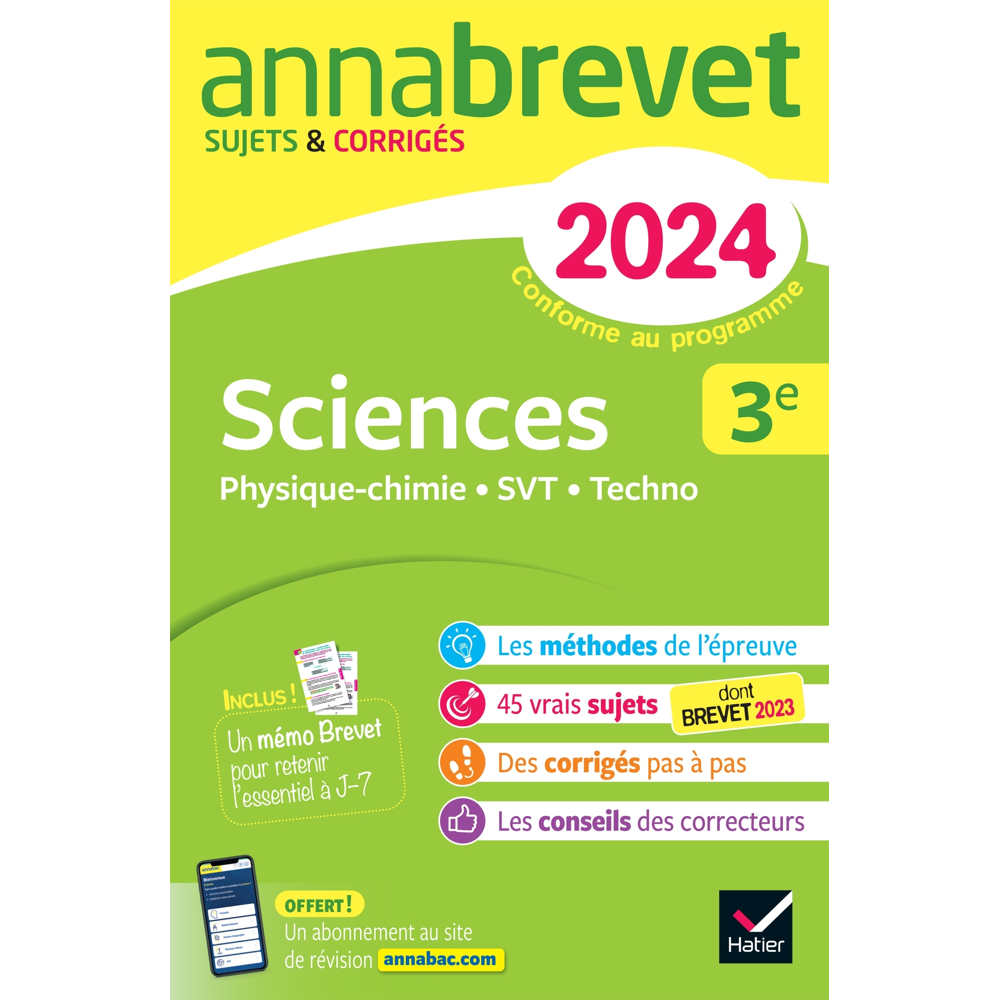 Annales du brevet Annabrevet 2024 Sciences (Physique-chimie, SVT, Technologie) 3e - sujets corrigés