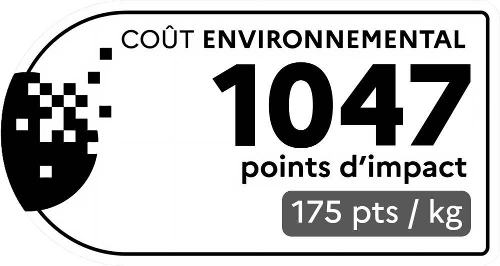 Coût environnemental : 1047 points d'impact (détail : 175 pts / kg). Plus le score est bas, plus l'impact sur l'environnement est faible.