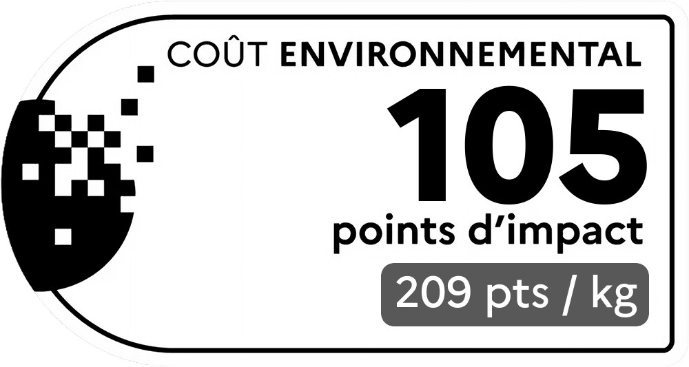 Coût environnemental : 105 points d'impact (détail : 209 pts / kg). Plus le score est bas, plus l'impact sur l'environnement est faible.