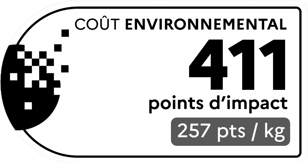 Coût environnemental : 121 points d'impact (détail : 336 pts / kg). Plus le score est bas, plus l'impact sur l'environnement est faible.