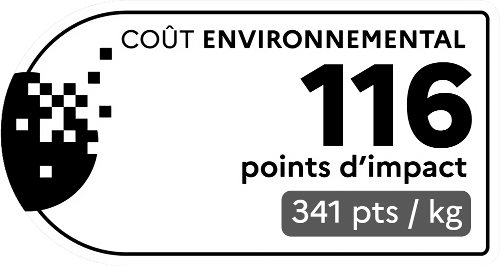 Coût environnemental : 121 points d'impact (détail : 356 pts / kg). Plus le score est bas, plus l'impact sur l'environnement est faible.