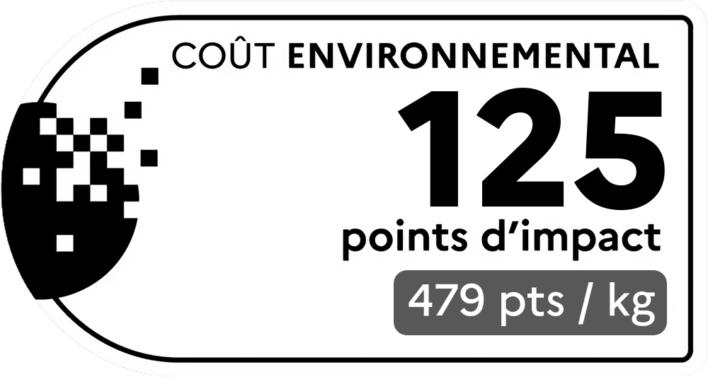 Coût environnemental : 125 points d'impact (détail : 479 pts / kg). Plus le score est bas, plus l'impact sur l'environnement est faible.