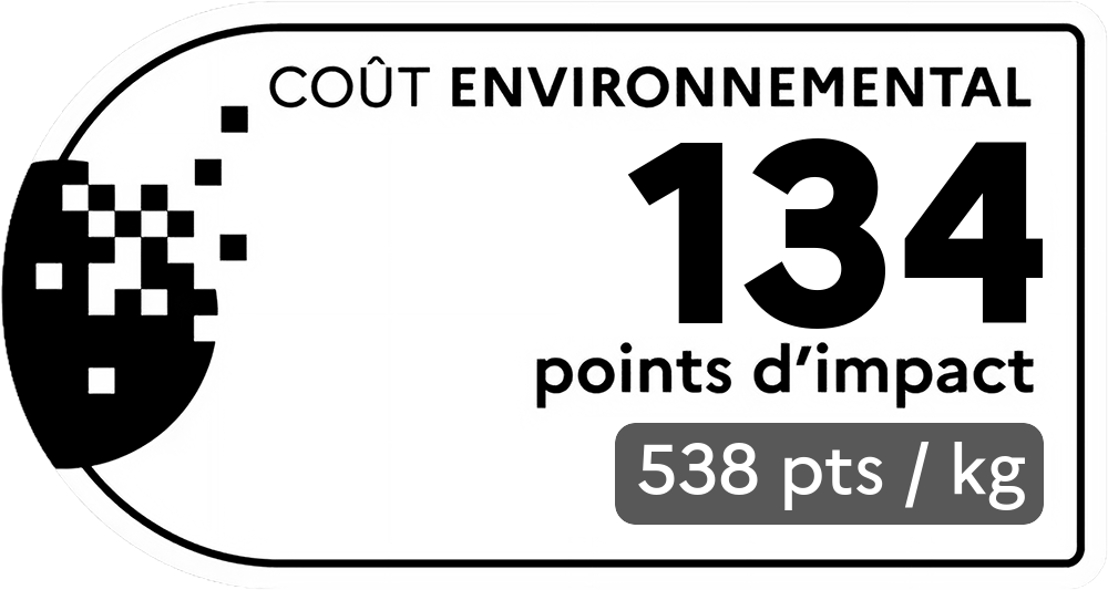 Coût environnemental : 134 points d'impact (détail : 538 pts / kg). Plus le score est bas, plus l'impact sur l'environnement est faible.