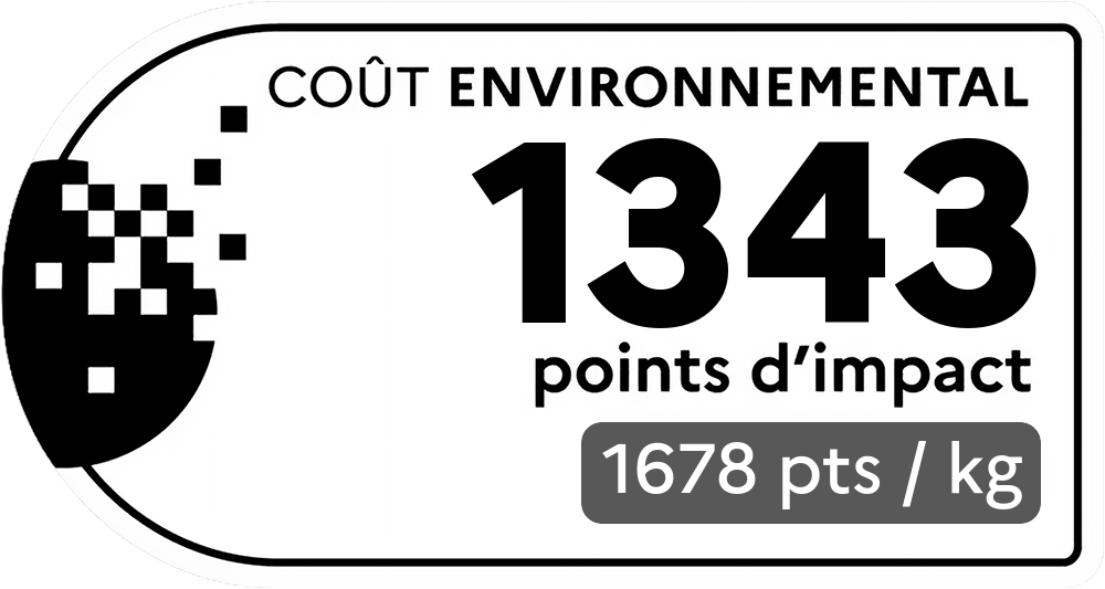 Coût environnemental : 1343 points d'impact (détail : 1678 pts / kg). Plus le score est bas, plus l'impact sur l'environnement est faible.