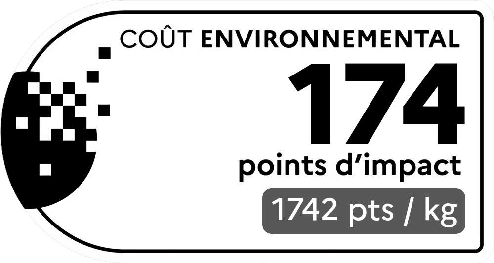 Coût environnemental : 139 points d'impact (détail : 277 pts / kg). Plus le score est bas, plus l'impact sur l'environnement est faible.