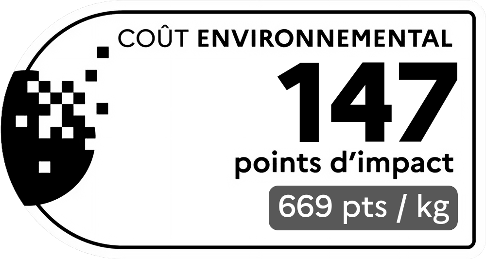 Coût environnemental : 147 points d'impact (détail : 669 pts / kg). Plus le score est bas, plus l'impact sur l'environnement est faible.