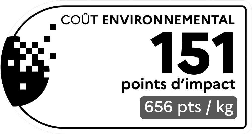 Coût environnemental : 151 points d'impact (détail : 656 pts / kg). Plus le score est bas, plus l'impact sur l'environnement est faible.