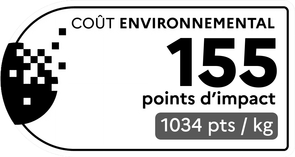 Coût environnemental : 155 points d'impact (détail : 1034 pts / kg). Plus le score est bas, plus l'impact sur l'environnement est faible.