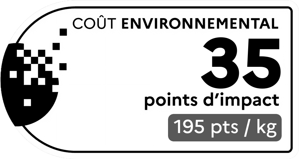 Coût environnemental : 164 points d'impact (détail : 1640 pts / kg). Plus le score est bas, plus l'impact sur l'environnement est faible.